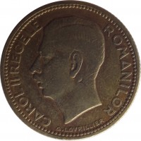obverse of 10 Lei - Carol II (1930) coin with KM# 49 from Romania. Inscription: CAROL II REGELE ROMANILOR A. LAVRILLER