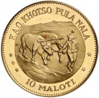 Gold coin Lesotho KM# 11 ⋆ F.A.O. KHOTSO PULA NALA ⋆. A. D. TUPASELA. ⋆ 10 MALOTI ⋆.
