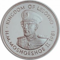 Silver coin Lesotho KM# 37 KINGDOM OF LESOTHO. H.M. KING MOSHOESHOE II 1981.