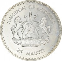 Silver coin Lesotho KM# 44 KINGDOM OF LESOTHO. KHOTSO PULA NALA. 25 MALOTI.