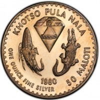 KHOTSO PULA NALA. 1980. ONE OUNCE FINE SILVER 50 MALOTI.