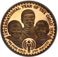 Brass coin Lesotho KM# Pn12 INTERNATIONAL YEAR OF THE CHILD 1979. 1 OZ. FINE GOLD 250 MALOTI.