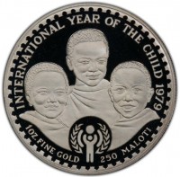 INTERNATIONAL YEAR OF THE CHILD 1979. 1 OZ. FINE GOLD 250 MALOTI.