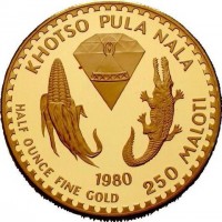 Gold coin Lesotho KM# 28 KHOTSO PULA NALA. 1980. ONE OUNCE FINE SILVER 250 MALOTI.