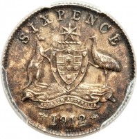 reverse of 6 Pence - George V (1911 - 1936) coin with KM# 25 from Australia. Inscription: SIXPENCE ADVANCE AUSTRAILA 1912