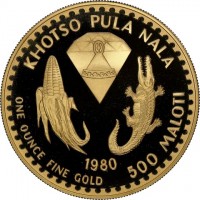 Gold coin Lesotho KM# 29 KHOTSO PULA NALA. 1980. ONE OUNCE FINE SILVER 500 MALOTI.