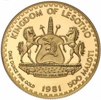 KINGDOM OF LESOTHO. KHOTSO PULA NALA. ONE OUNCE FINE GOLD 1981 500 MALOTU.