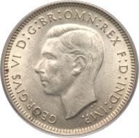 obverse of 1 Shilling - George VI (1938 - 1944) coin with KM# 39 from Australia. Inscription: GEORGIVS VI D:G:BR:OMN:REX F:D:IND:IMP. HP
