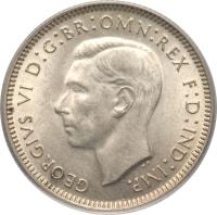 Australia coin 1 Shilling - George VI (1938 - 1944) obverse obverse of 1 Shilling - George VI (1938 - 1944) coin with KM# 39 from Australia. Inscription: GEORGIVS VI D:G:BR:OMN:REX F:D:IND:IMP. HP