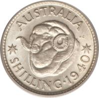reverse of 1 Shilling - George VI (1938 - 1944) coin with KM# 39 from Australia. Inscription: AUSTRALIA KG *SHILLING · 1940*