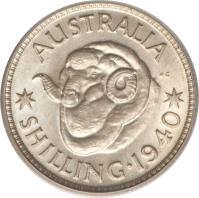 Australia coin 1 Shilling - George VI (1938 - 1944) reverse reverse of 1 Shilling - George VI (1938 - 1944) coin with KM# 39 from Australia. Inscription: AUSTRALIA KG *SHILLING · 1940*