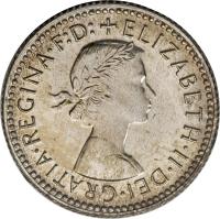 obverse of 6 Pence - Elizabeth II - with F:D: (1955 - 1963) coin with KM# 58 from Australia. Inscription: +ELIZABETH · II · DEI · GRATIA · REGINA · F:D: