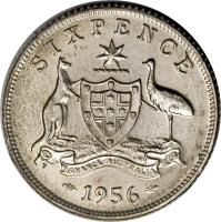 Australia coin 6 Pence - Elizabeth II - with F:D: (1955 - 1963) reverse reverse of 6 Pence - Elizabeth II - with F:D: (1955 - 1963) coin with KM# 58 from Australia. Inscription: SIXPENCE ADVANCE AUSTRALIA 1956