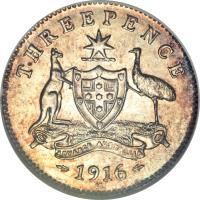 Australia coin 3 Pence - George V (1911 - 1936) reverse reverse of 3 Pence - George V (1911 - 1936) coin with KM# 24 from Australia. Inscription: THREEPENCE ADVANCE AUSTRALIA 1916 M