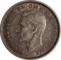 Australia coin 6 Pence - George VI (1938 - 1945) obverse obverse of 6 Pence - George VI (1938 - 1945) coin with KM# 38 from Australia. Inscription: GEORGIVS VI D:G:BR:OMN:REX F:D:IND:IMP. HP