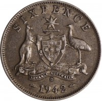 Australia coin 6 Pence - George VI (1938 - 1945) reverse reverse of 6 Pence - George VI (1938 - 1945) coin with KM# 38 from Australia. Inscription: SIXPENCE ADVANCE AUSTRALIA S 1942