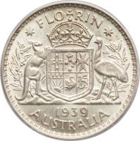 reverse of 1 Florin - George VI (1938 - 1945) coin with KM# 40 from Australia. Inscription: FLO RIN K · G 1939 AUSTRALIA