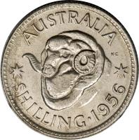 reverse of 1 Shilling - Elizabeth II - with F:D: (1955 - 1963) coin with KM# 59 from Australia. Inscription: AUSTRALIA KG SHILLING · 1956