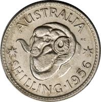 Australia coin 1 Shilling - Elizabeth II - with F:D: (1955 - 1963) reverse reverse of 1 Shilling - Elizabeth II - with F:D: (1955 - 1963) coin with KM# 59 from Australia. Inscription: AUSTRALIA KG SHILLING · 1956