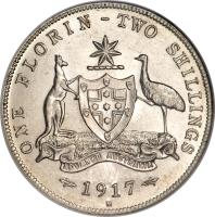 reverse of 1 Florin - George V (1911 - 1936) coin with KM# 27 from Australia. Inscription: ONE FLORIN - TWO SHILLINGS ADVANCE AUSTRALIA 1917 M