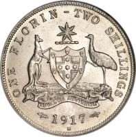 Australia coin 1 Florin - George V (1911 - 1936) reverse reverse of 1 Florin - George V (1911 - 1936) coin with KM# 27 from Australia. Inscription: ONE FLORIN - TWO SHILLINGS ADVANCE AUSTRALIA 1917 M
