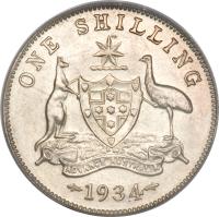 reverse of 1 Shilling - George V (1911 - 1936) coin with KM# 26 from Australia. Inscription: ONE SHILLING ADVANCE AUSTRALIA 1934
