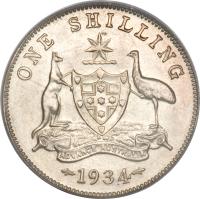 Australia coin 1 Shilling - George V (1911 - 1936) reverse reverse of 1 Shilling - George V (1911 - 1936) coin with KM# 26 from Australia. Inscription: ONE SHILLING ADVANCE AUSTRALIA 1934