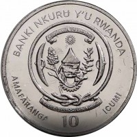 BANKI NKURU Y'U RWANDA. REPUBULIKA Y'U RWANDA. UBUMWI - UMURIMO - GUKUNDA IGIHUGU. AMAFARANGA 10 ICUMI.