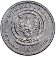 Rhodium coin Rwanda BANKI NKURU Y'U RWANDA. REPUBULIKA Y'U RWANDA. UBUMWI - UMURIMO - GUKUNDA IGIHUGU. AMAFARANGA 10 ICUMI.