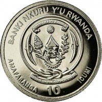 Palladium coin Rwanda KM# 121c BANKI NKURU Y'U RWANDA. REPUBULIKA Y'U RWANDA. UBUMWI - UMURIMO - GUKUNDA IGIHUGU. AMAFARANGA 10 ICUMI.