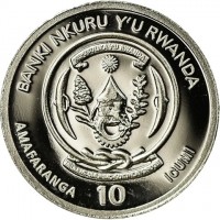 Platinum coin Rwanda KM# 121d BANKI NKURU Y'U RWANDA. REPUBULIKA Y'U RWANDA. UBUMWI - UMURIMO - GUKUNDA IGIHUGU. AMAFARANGA 10 ICUMI.