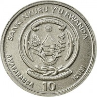 BANKI NKURU Y'U RWANDA. REPUBULIKA Y'U RWANDA. UBUMWI - UMURIMO - GUKUNDA IGIHUGU. AMAFARANGA 10 ICUMI.