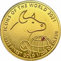 Gold coin Rwanda KM# 209 ICONS OF THE WORLD 2021.9999 FINEST GOLD 1/200 OZ OR PUR. GA.