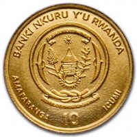 BANKI NKURU Y'U RWANDA. REPUBULIKA Y'U RWANDA. UBUMWI - UMURIMO - GUKUNDA IGIHUGU. AMAFARANGA 10 ICUMI.