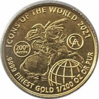 Gold coin Rwanda ICONS OF THE WORLD 2021. 200th ann. GA9999 FINEST GOLD 1/200 OZ OR PUR.