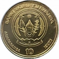 Gold coin Rwanda BANKI NKURU Y'U RWANDA. REPUBULIKA Y'U RWANDA. UBUMWI - UMURIMO - GUKUNDA IGIHUGU. AMAFARANGA 10 ICUMI.
