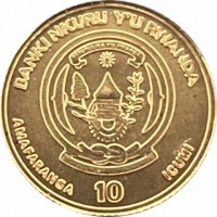 BANKI NKURU Y'U RWANDA. REPUBULIKA Y'U RWANDA. UBUMWI - UMURIMO - GUKUNDA IGIHUGU. AMAFARANGA 10 ICUMI.