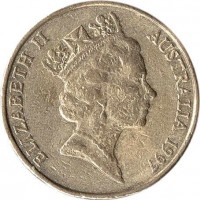 obverse of 1 Dollar - Elizabeth II - Sir Charles Kingsford Smith - 3'rd Portrait (1997) coin with KM# 327 from Australia. Inscription: ELIZABETH II AUSTRALIA 1997 RDM