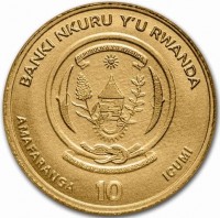 Gold coin Rwanda BANKI NKURU Y'U RWANDA. REPUBULIKA Y'U RWANDA. UBUMWI - UMURIMO - GUKUNDA IGIHUGU. AMAFARANGA 10 ICUMI.