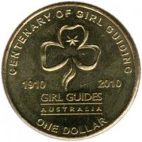 reverse of 1 Dollar - Elizabeth II - Girl Guiding - 4'th Portrait (2010) coin with KM# 1499 from Australia. Inscription: CENTENARY OF GIRL GUIDING 1910 2010 GIRL GUIDES AUSTRALIA ONE DOLLAR