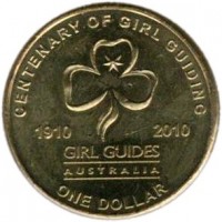 Australia coin 1 Dollar - Elizabeth II - Girl Guiding - 4'th Portrait (2010) reverse reverse of 1 Dollar - Elizabeth II - Girl Guiding - 4'th Portrait (2010) coin with KM# 1499 from Australia. Inscription: CENTENARY OF GIRL GUIDING 1910 2010 GIRL GUIDES AUSTRALIA ONE DOLLAR