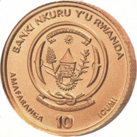 Gold coin Rwanda BANKI NKURU Y'U RWANDA. REPUBULIKA Y'U RWANDA. UBUMWI - UMURIMO - GUKUNDA IGIHUGU. AMAFARANGA 10 ICUMI.
