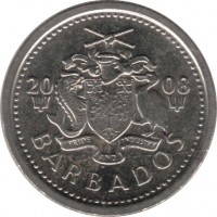 obverse of 10 Cents - Elizabeth II - Magnetic (2007 - 2012) coin with KM# 12a from Barbados. Inscription: 20 08 PRIDE AND INDUSTRY BARBADOS