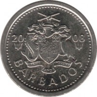 Barbados coin 10 Cents - Elizabeth II - Magnetic (2007 - 2012) obverse obverse of 10 Cents - Elizabeth II - Magnetic (2007 - 2012) coin with KM# 12a from Barbados. Inscription: 20 08 PRIDE AND INDUSTRY BARBADOS