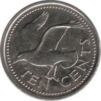 reverse of 10 Cents - Elizabeth II - Magnetic (2007 - 2012) coin with KM# 12a from Barbados. Inscription: TEN CENTS