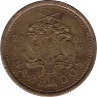 Barbados coin 5 Cents - Elizabeth II - Magnetic (2007 - 2012) obverse obverse of 5 Cents - Elizabeth II - Magnetic (2007 - 2012) coin with KM# 11a from Barbados. Inscription: 2008 PRIDE AND INDUSTRY BARBADOS