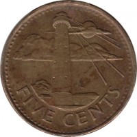 reverse of 5 Cents - Elizabeth II - Magnetic (2007 - 2012) coin with KM# 11a from Barbados. Inscription: FIVE CENTS