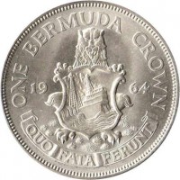 reverse of 1 Crown - Elizabeth II - 1'st Portrait (1964) coin with KM# 14 from Bermuda. Inscription: ONE BERMUDA CROWN 19 64 QUO FATA FERUNT