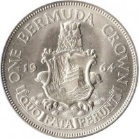 Bermuda coin 1 Crown - Elizabeth II - 1'st Portrait (1964) reverse reverse of 1 Crown - Elizabeth II - 1'st Portrait (1964) coin with KM# 14 from Bermuda. Inscription: ONE BERMUDA CROWN 19 64 QUO FATA FERUNT