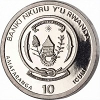 BANKI NKURU Y'U RWANDA. REPUBULIKA Y'U RWANDA. UBUMWI - UMURIMO - GUKUNDA IGIHUGU. AMAFARANGA 10 ICUMI.